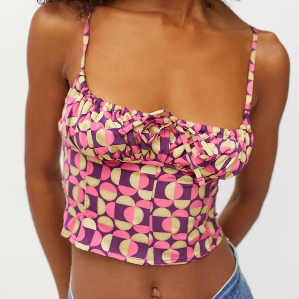 UO Madison Ruched Cami Pink Geometric Women's Top Small